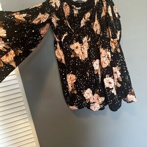 torrid Black Floral Long-Sleeve Smocked Yoke Top with Peach Roses